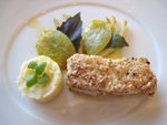 
Seasame crusted North Atlantic cod fillet, cooked & raw fennel with basil brandade sauce with green anis